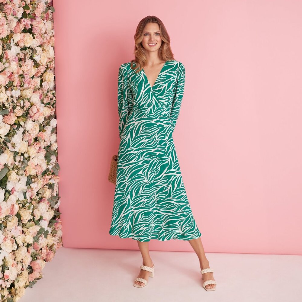 Adrianna Papell Printed Faux Wrap Dress With Bishop Long Sleeves In Green Ivory